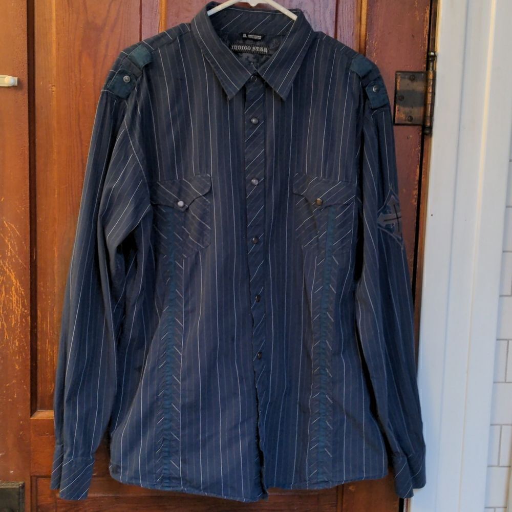 2/$20 Indigo Star Pin-Stripe Navy Blue Military Style Shirt Pearl Buttons Sz XL - Picture 2 of 12